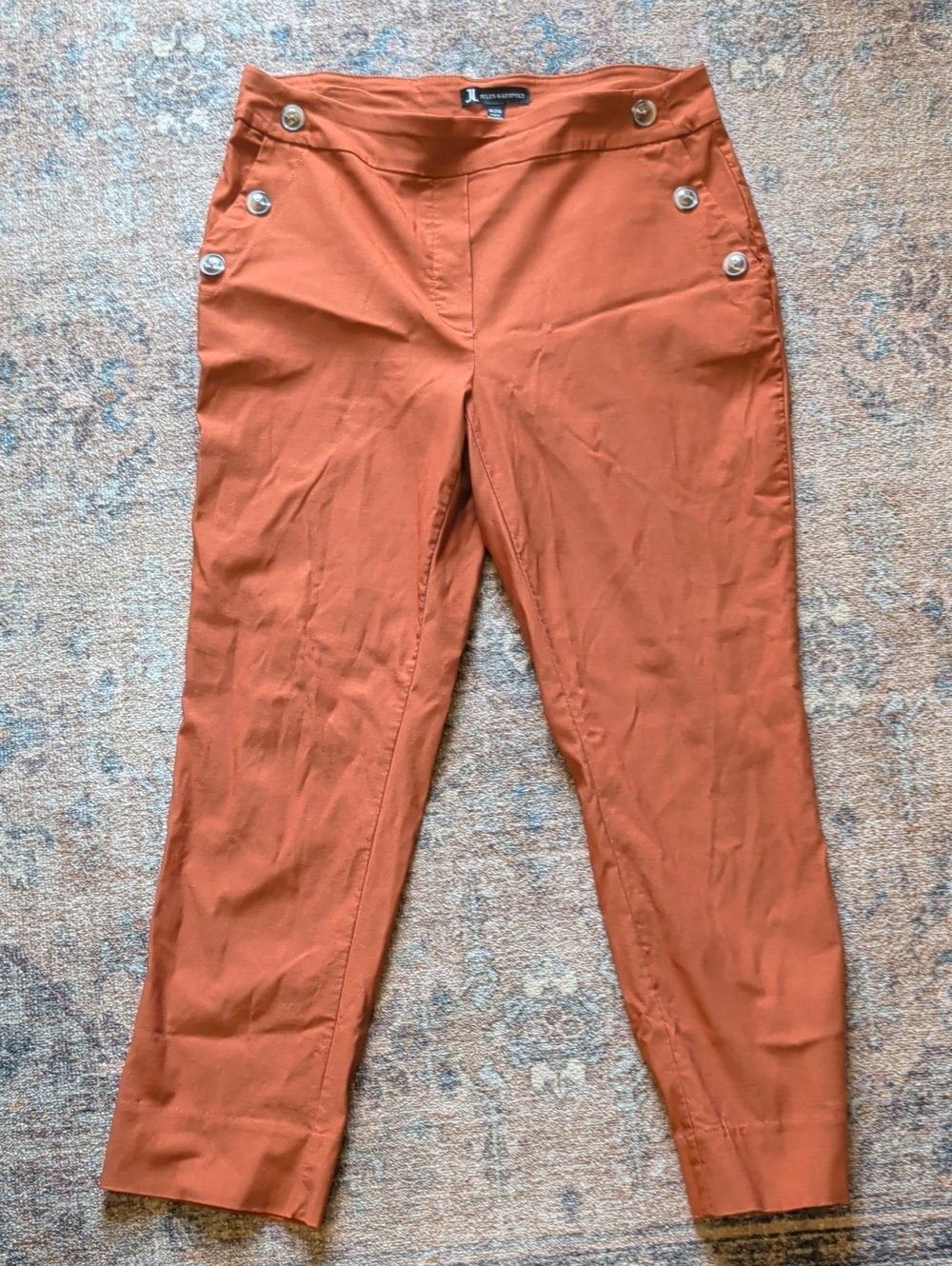 Jules & Leopold Rust Orange Cropped Straight-Leg Pants with Button Accents